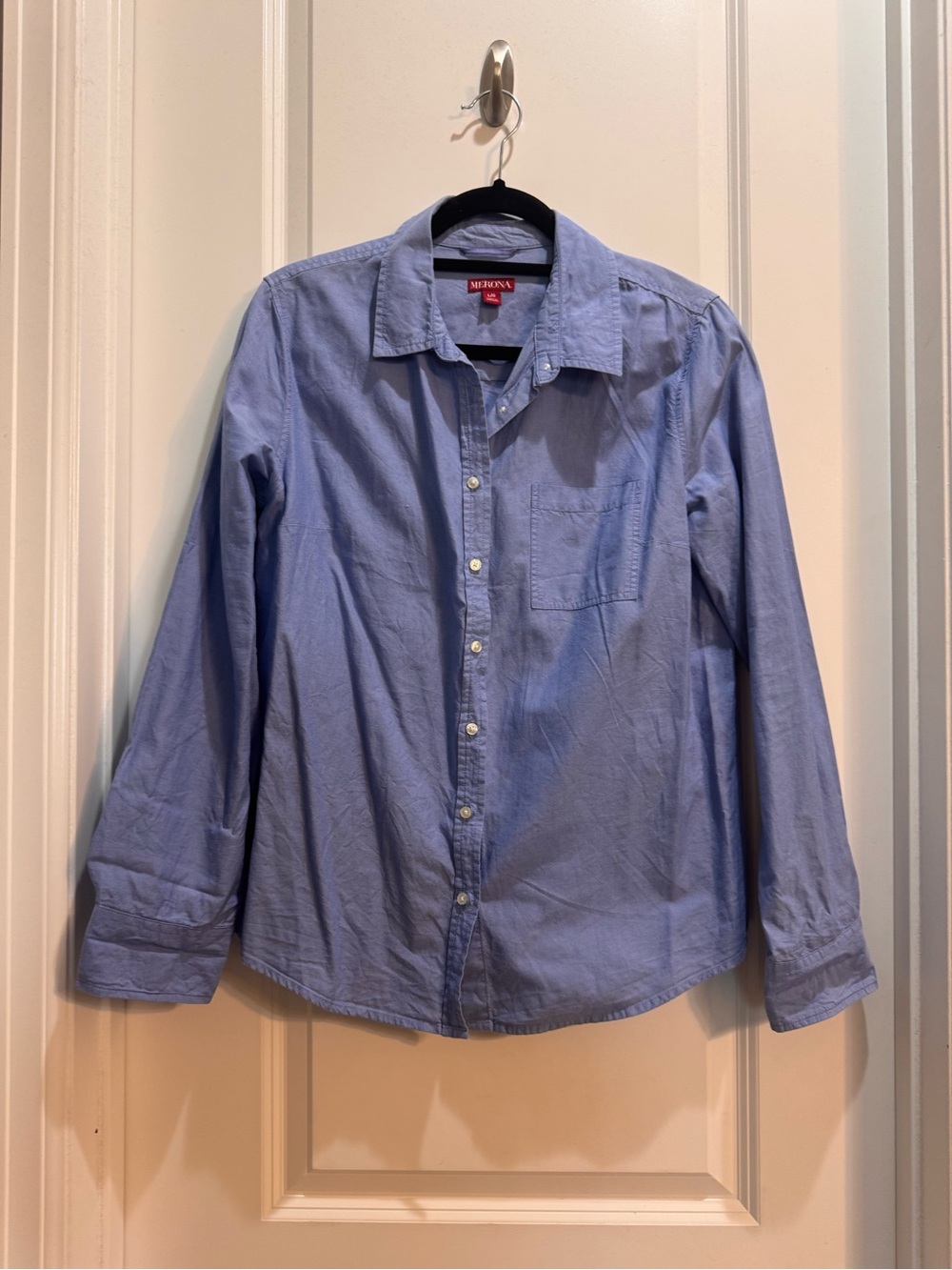 Merona Blue Button Down Shirt Large Long Sleeve Collared Armpit To Armpit 22”